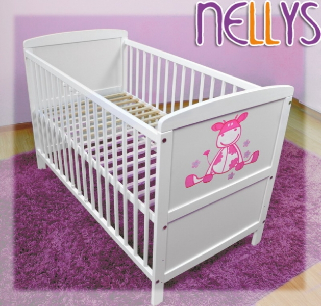 Dřevěná postýlka Nellys bílá - Kravička růžová