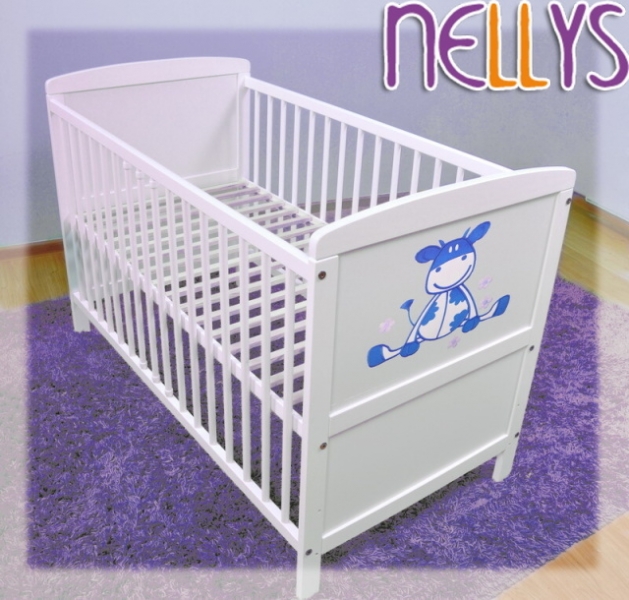 Dřevěná postýlka Nellys bílá - Kravička modrá