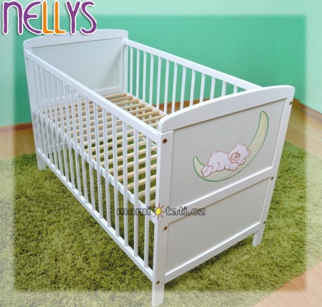 Dřevěná postýlka Nellys bílá - Medvídek na měsíčku zelený