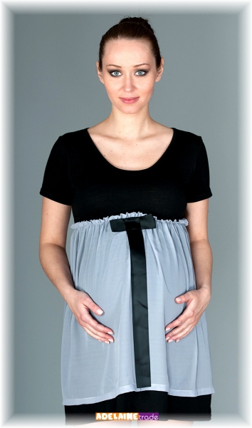 Be MaaMaa Elegantní těhotenské šaty se stuhou - černé s šedou