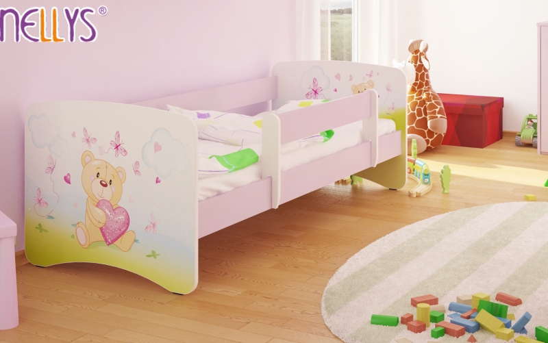 Dětská postel s bariérkou Nico - Míša srdíčko/sv.růžová