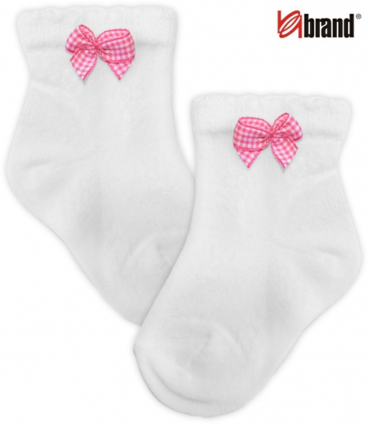 Bavlněné ponožky  - bílé s mašličkou (růžová kostička