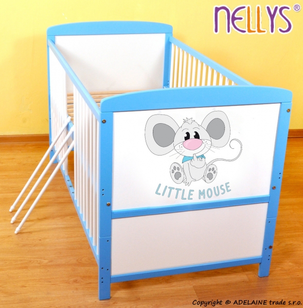 Dřevěná postýlka 2 v 1 Nellys LITTLE MOUSE - modrá/bílá