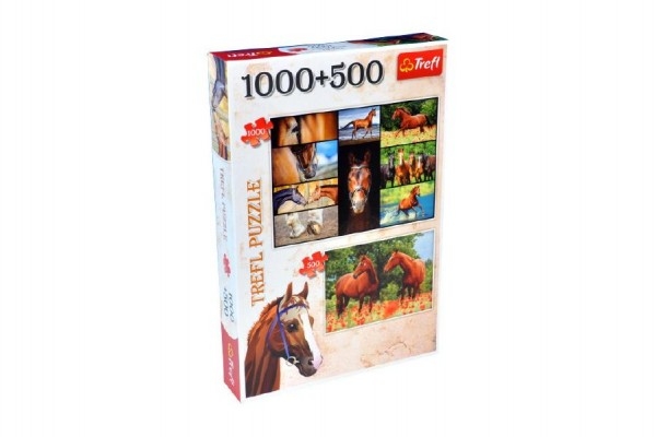 Puzzle Koně 1000 dílků 68,3x48cm + Koně na louce 500 dílků 48x34cm v krabici