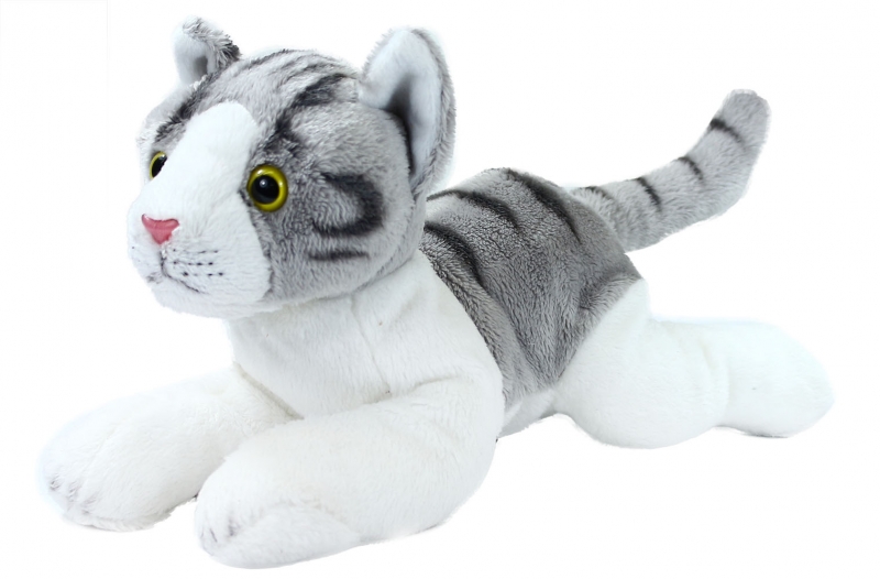 Plyšová kočka šedo-bílá, ležící, 30 cm