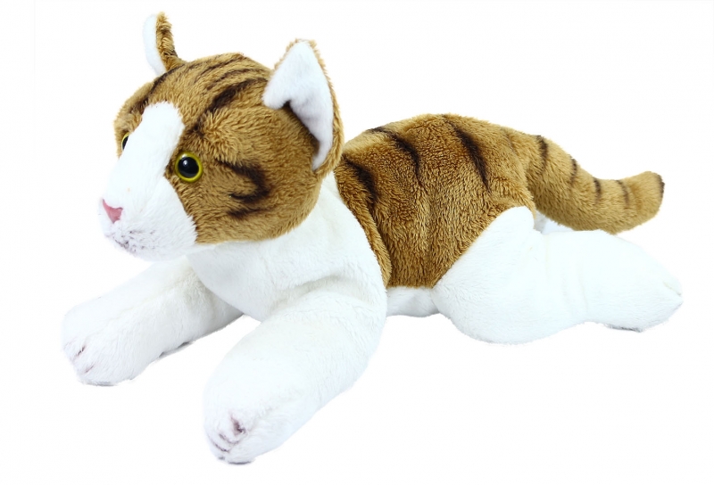Plyšová kočka, hnědo-bílá, ležící, 30 cm