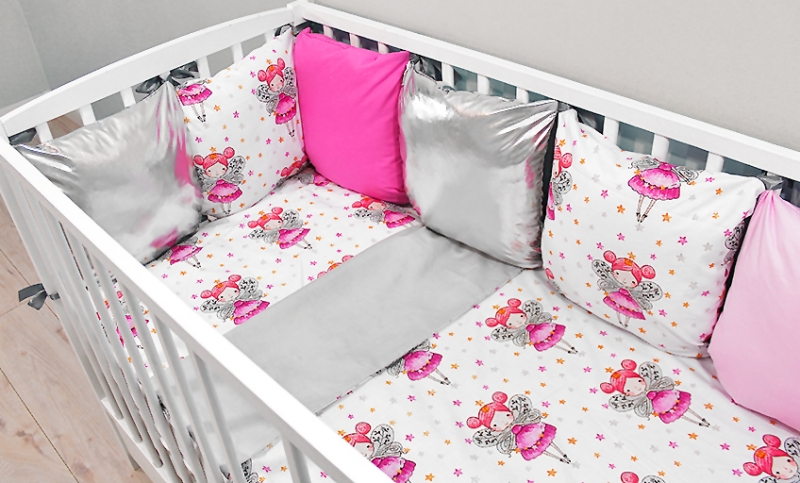Baby Nellys Polštářkový mantinel s povlečením Shine, 135x100 - Víla, šedá
