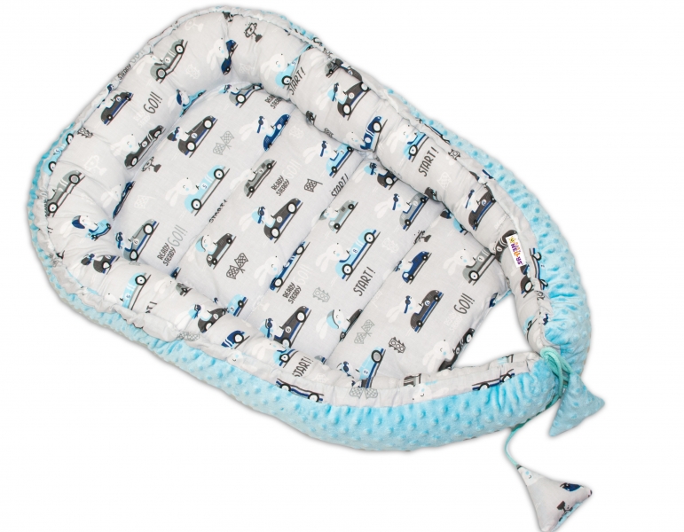 Baby Nellys Oboustranné hnízdečko, kokon minky 60x90cm - Závody šedé/minky sv. modrá