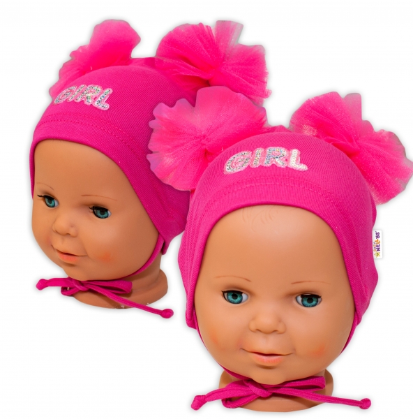 Bavlněná čepička na zavazování Baby Nellys s mašličkami Tutu - tm. růžová