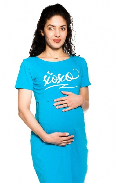 Be MaaMaa Těhotenská, kojící noční košile Xoxo - tyrkysová, vel. L/XL, Velikost: L/XL