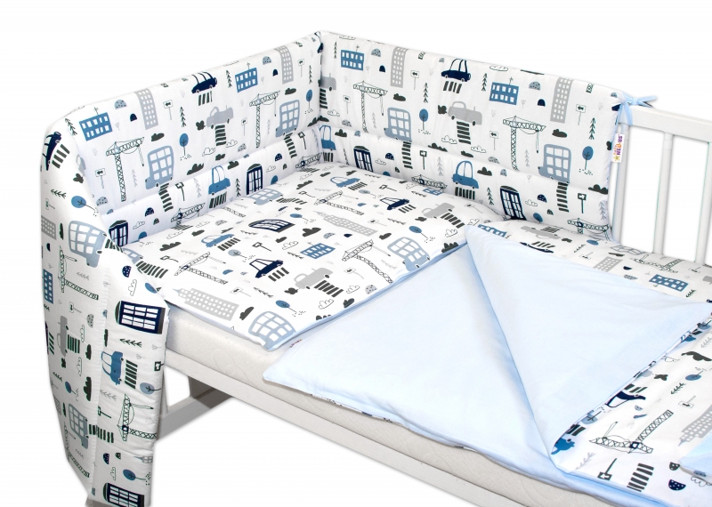 3-dílná sada mantinel s povlečením Baby Nellys, Městečko - bílá, 135 x 100