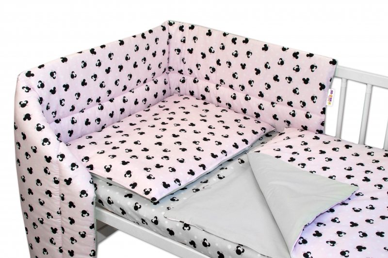 3-dílná sada mantinel s povlečením Baby Nellys - Minnie, růžová/šedá, 135 x 100