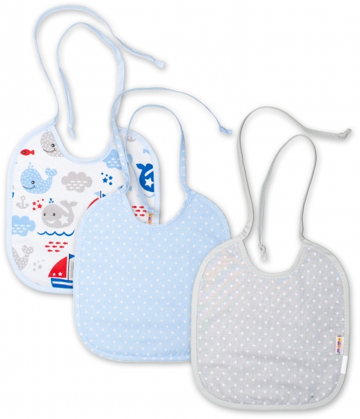 Baby Nellys  Dětský bryndák oboustranný/dvouvrstvý, sada 3 ks - modrý/šedý