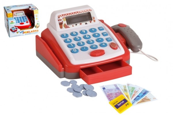Pokladna malá digitální plast 18cm s doplňky na baterie se zvukem se světlem v krabic