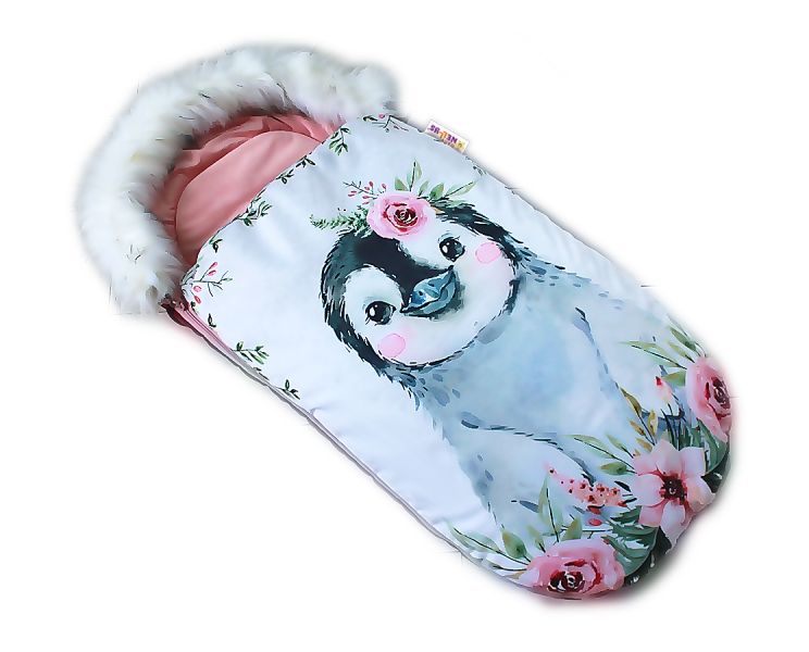 Fusak Baby Nellys Winter Friends Lux velvet s kožešinkou, 105x55 cm - tučňák /pudrově růžo