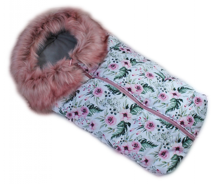 Fusak nejen do autosedačky Baby Nellys ® Eskymo s kožíškem, flowers/pudrová