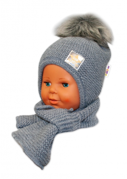 BABY NELLYS Zimní čepička s šálou - chlupáčková bambulka - tm. šedá/šedá, Velikost: 80-92 (12-24m)
