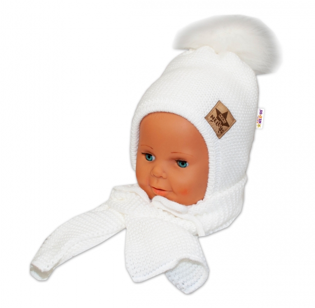 BABY NELLYS Zimní čepička s šálou - chlupáčková bambulka - bílá/bílá