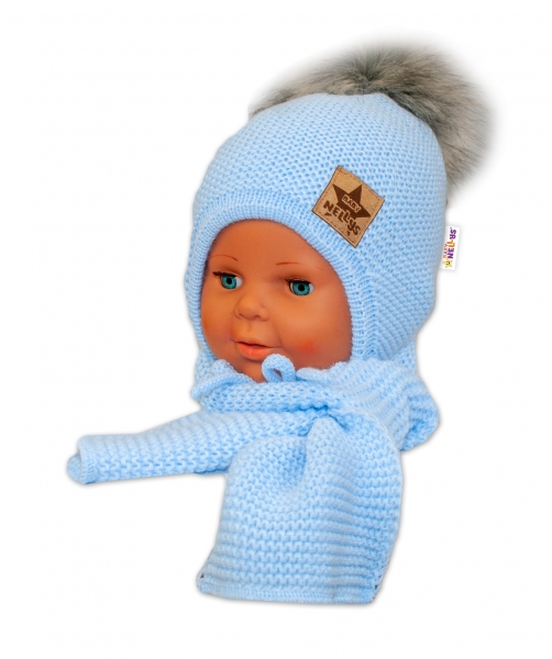 BABY NELLYS Zimní čepička s šálou - chlupáčková bambulka - sv. modrá/šedá, Velikost: 80-92 (12-24m)