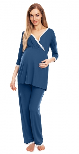 Be MaaMaa Těhotenské, kojící pyžamo s krajkovým lemováním - modré, vel. L/XL