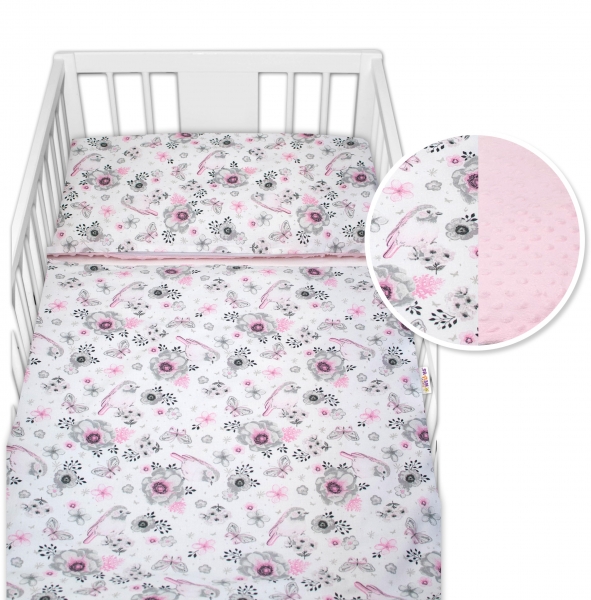 2-dílné bavlněné povlečení s minky Baby Nellys - ptáčci, růžová/růžová