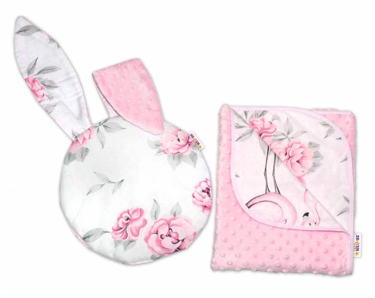 Baby Nellys 2-dílná sada do kočárku s minky s oušky - Plameňák růžový