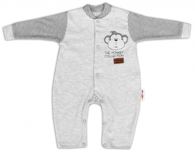 Baby Nellys Bavlněný overálek bez šlapek Monkey - sv. šedý melírek, vel. 74