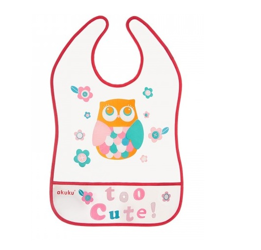 AKUKU Plastový bryndák/zástěrka s kapsičkou Owl -  malinový