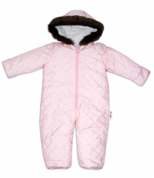 Kombinéza s kapucí a kožíškem Baby Nellys ®prošívaná, bez šlapek, sv. růžová, vel. 98, Velikost: 98 (24-36m)