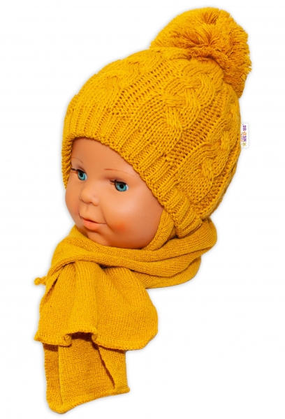 BABY NELLYS Zimní pletená čepička s šálou Baby Bear - hořčicová s bambulkou, Velikost: 34/36 čepičky obvod