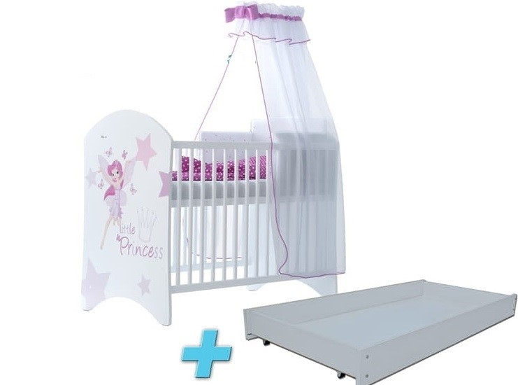 BabyBoo Dětská postýlka LUX s motivem Little princess + šuplík, 120 x 60 cm