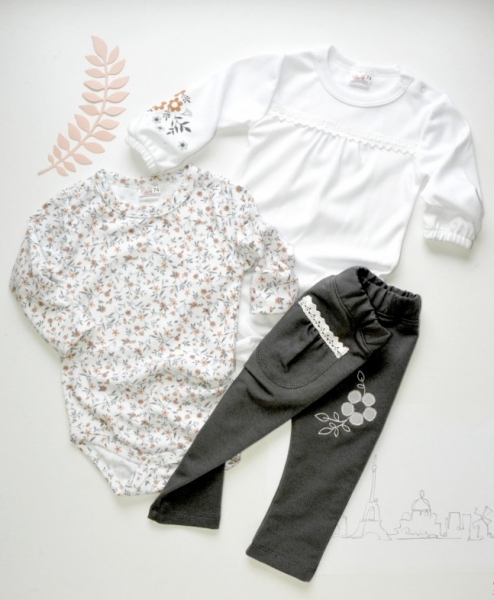 K-Baby Sada 2 x body dl. rukáv + 1 x tepláčky, Louka, bílá/květinky/šedá, vel. 74