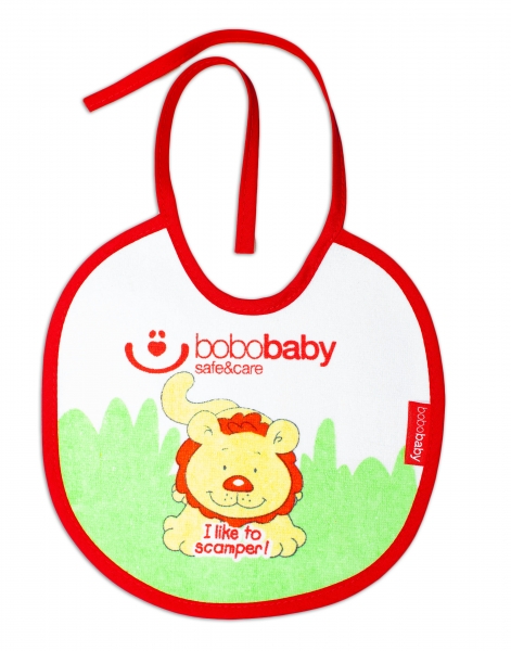 Nepromokavý froté bryndáček BOBO BABY - Lvíček, červený lem