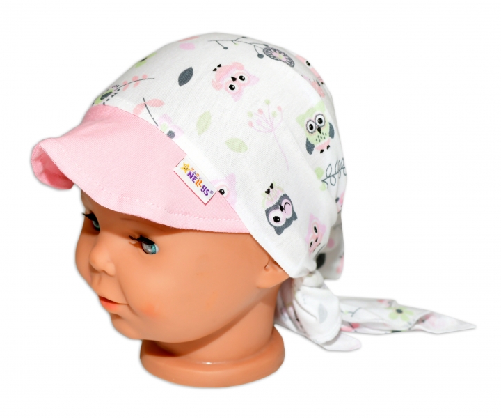 Baby Nellys Šátek na zavazování s kšiltem - Sovičky, vel. 86