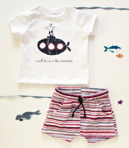 K-Baby 2 dílná dětská sada, triko s kraťasky For Boy - proužky červené, modré, vel. 98