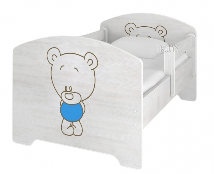 NELLYS Dětská postel BABY BEAR modrý v barvě norské borovice + matrace zdarma + ŠUPLÍK