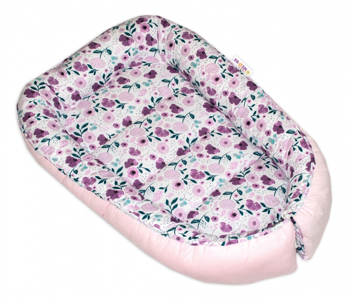 Oboustranné hnízdečko Baby Nellys Velvet, 55x75cm, Luční kvítky - růžový velvet
