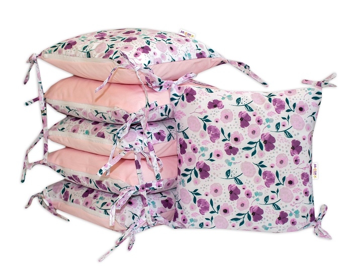 Polštářkový mantinel Baby Nellys, Zahradní kvítka - velvet + bavlna, růžová