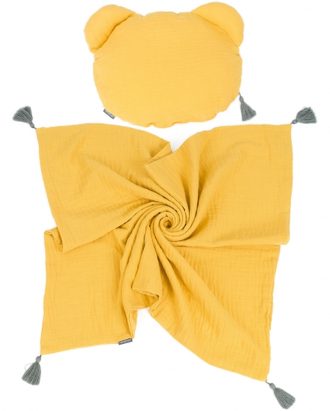 Mamo Tato Mušelinová sada polštářek Teddy Lux double s dekou 70x90cm - hořčicová