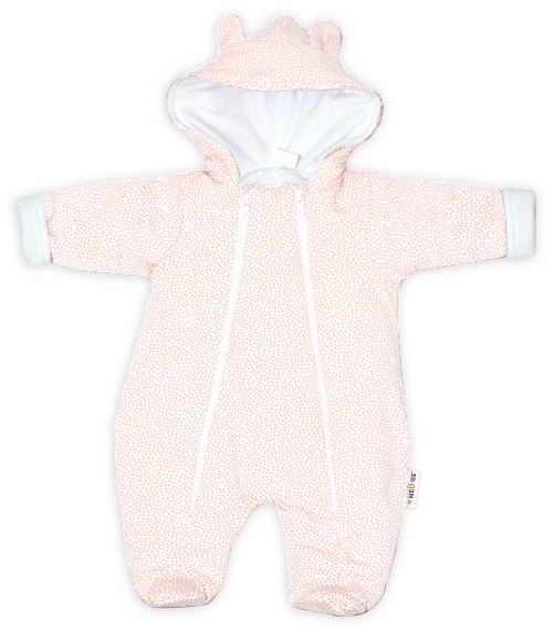 Baby Nellys ® Kombinézka s dvojitým zapínáním, s kapucí a oušky, Puntíky - růžová, vel. 74