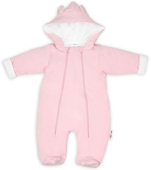 Baby Nellys ® Kombinézka s dvojitým zapínáním, s kapucí a oušky, sv. růžová, Velikost: 56 (1-2m)