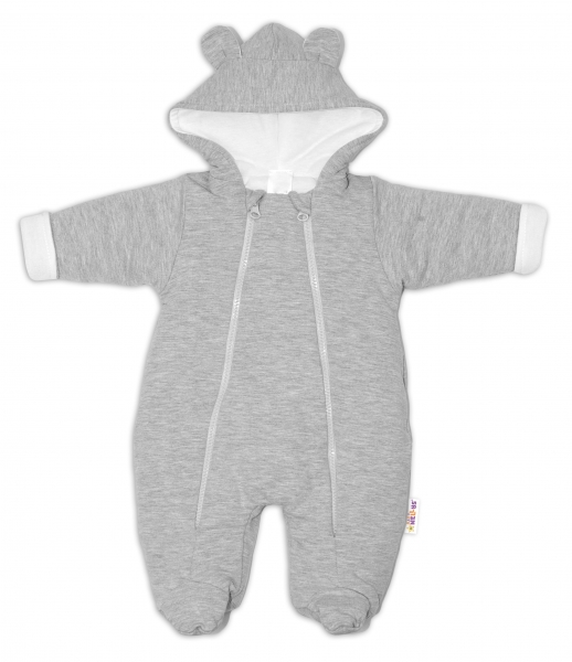 Baby Nellys ® Kombinézka s dvojitým zapínáním, s kapucí a oušky, sv. šedá, vel.62