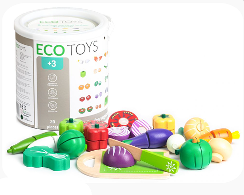 Dřevěné potraviny v kyblíku ECO TOYS - Zelenina, 20 kusů