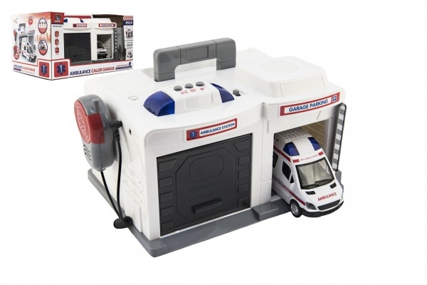 Garáž + auto ambulance 15 cm plast na baterie se světlem se  zvukem v krabici 37x20x2