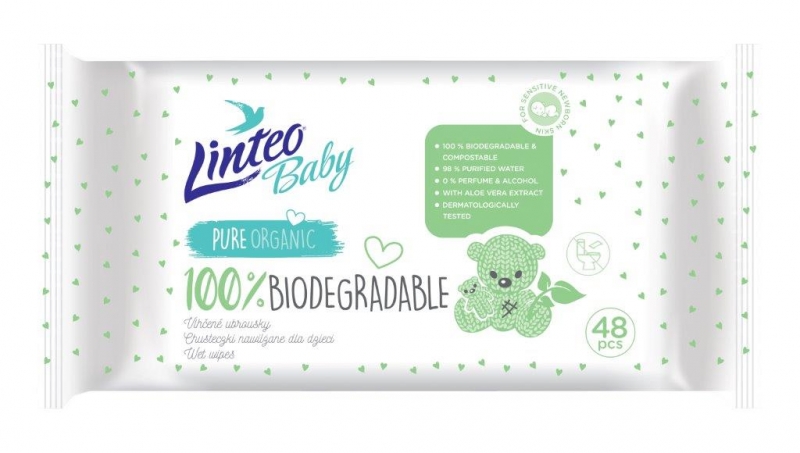 Vlhčené ubrousky LINTEO BABY 100% Biodegradable, 48 ks v balení