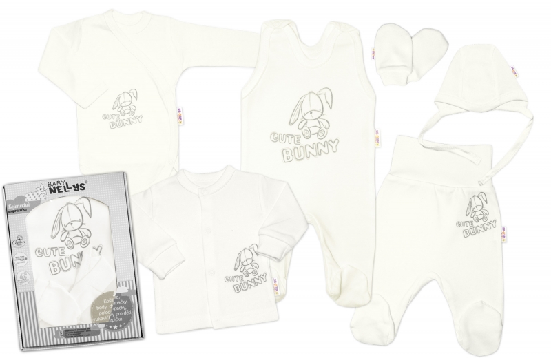 Baby Nellys Velká sada do porodnice CUTE BUNNY, 6-ti dílná v krabičce - smetanová,vel. 62