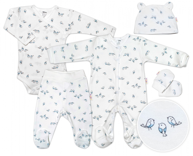 Baby Nellys 5-dílná soupravička do porodnice Ptáčci - ecru/modrá, vel. 62, Velikost: 62 (2-3m)