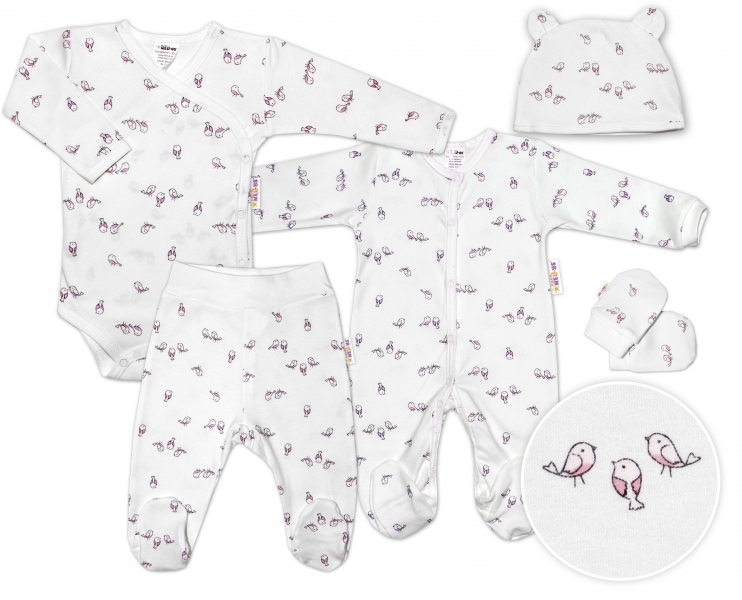 Baby Nellys 5-dílná soupravička do porodnice Ptáčci - ecru/růžová, vel. 68