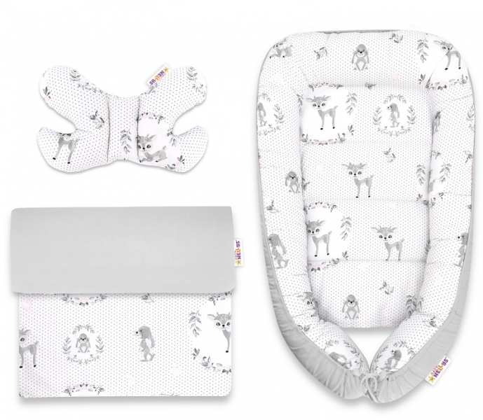 Baby Nellys Sada komplet, oboustranné hnízdečko 55 x 85 cm, Koloušek - šedý/zelené lístky