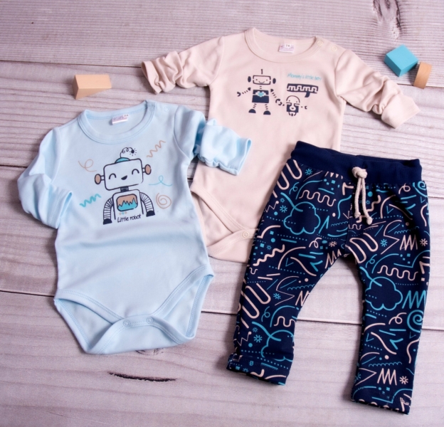 K-Baby 3-dílná sada - 2xbody dl. rukáv,tepláčky, New Robot Baby, béžová,sv. modrá, vel. 74, Velikost: 74 (6-9m)